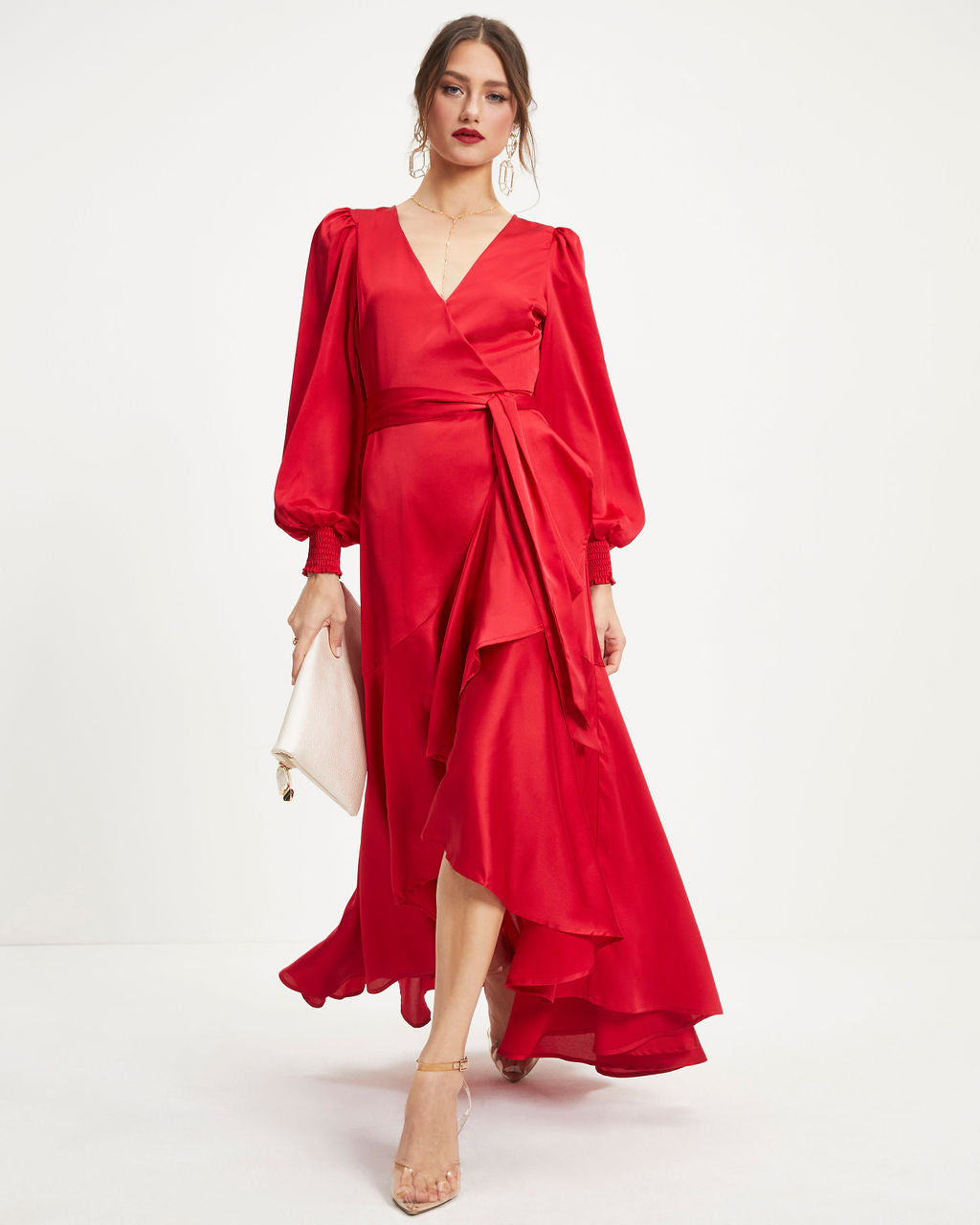 Aidyl Satin Ruffle Maxi Dress in Red