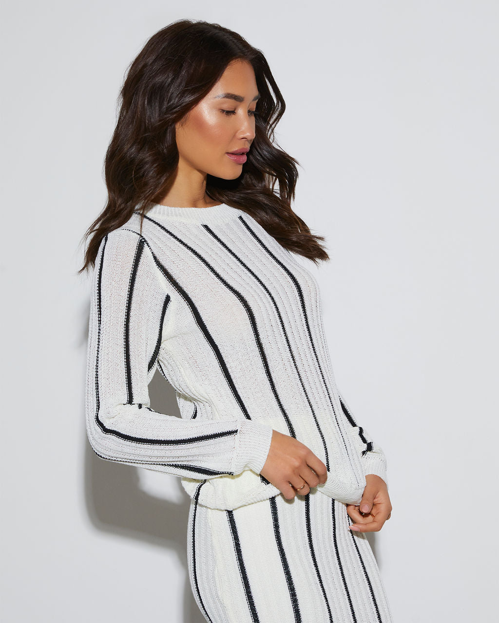 Crochet Stripe Long Sleeve Top in Milk/bestea Stripe