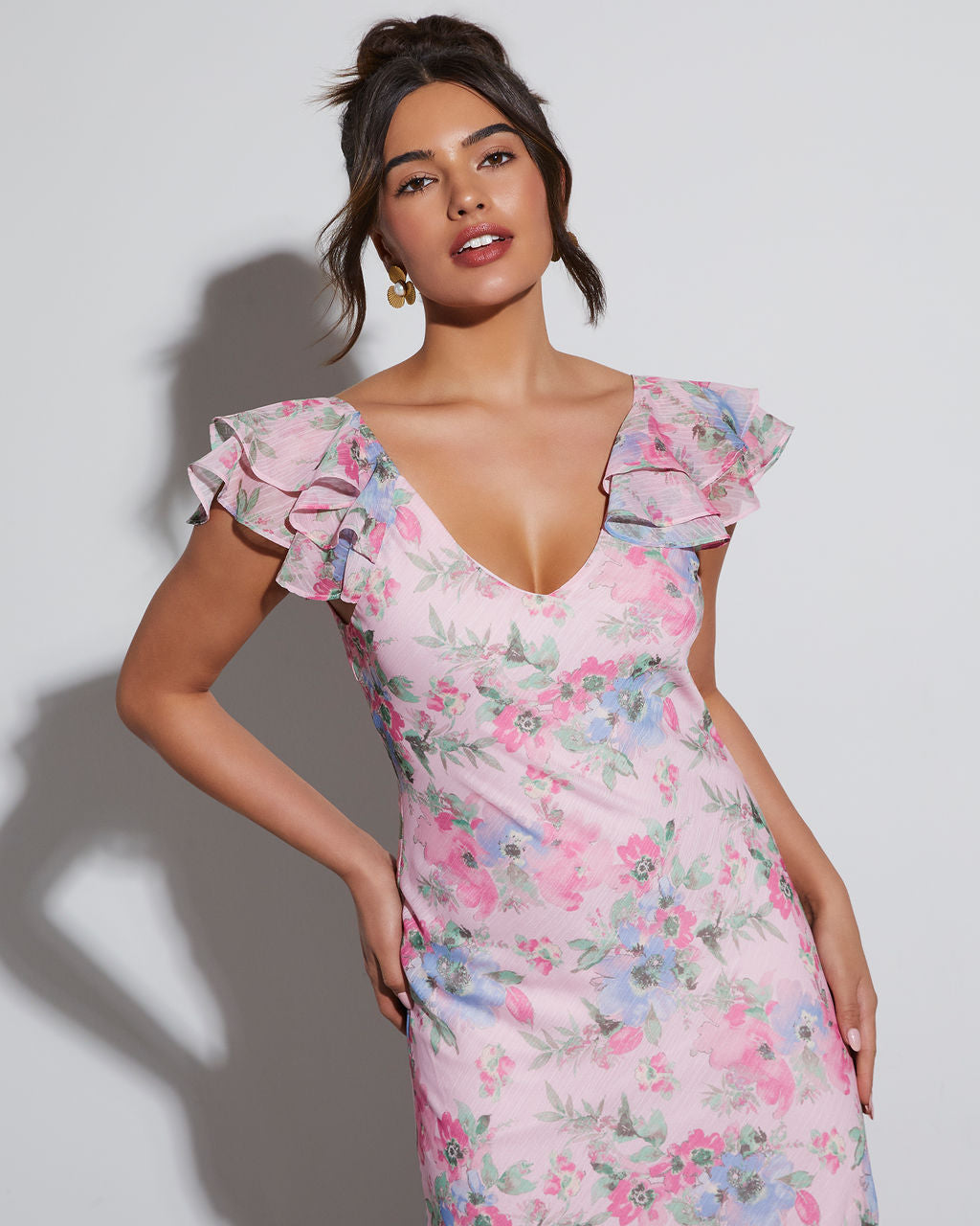 VICI - PREORDER // BESTSELLER Zabelle Floral Ruffle Cutout Maxi Dress $98  Sizes S - L Fall in love with our Zabelle Floral Ruffle Cutout Maxi Dress  and you will be summer's