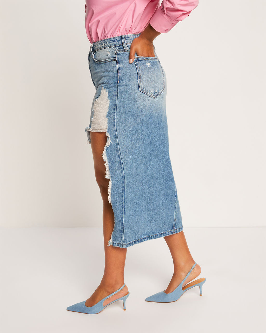 Sayra Distressed High Low Denim Midi Skirt