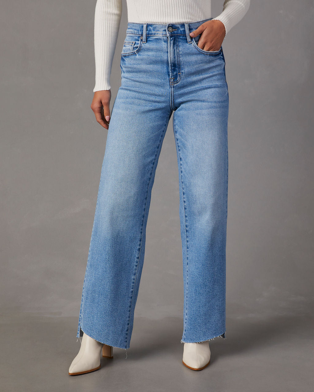 High-Rise Raw Hem Flare Jeans (Color : Medium Wash, Size : Large
