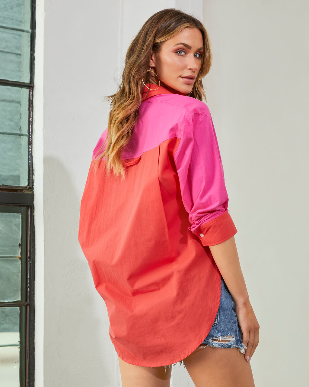 Color Block Button Down Shirt - Pink/Orange