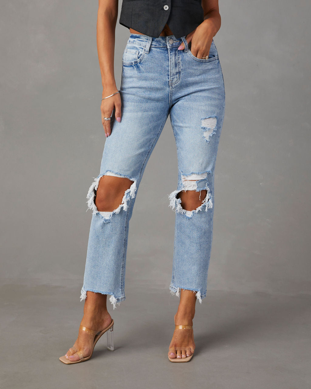 Ripped Light Wash Jeans, High-Rise Cropped & store Ripped Raw Hem Skinny Jeans