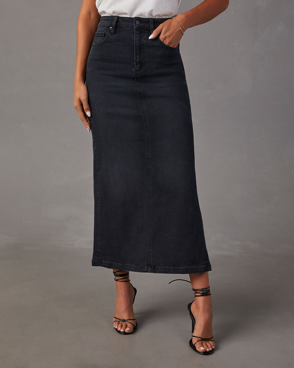 VICI Chic Side Slit Denim Midi Skirt