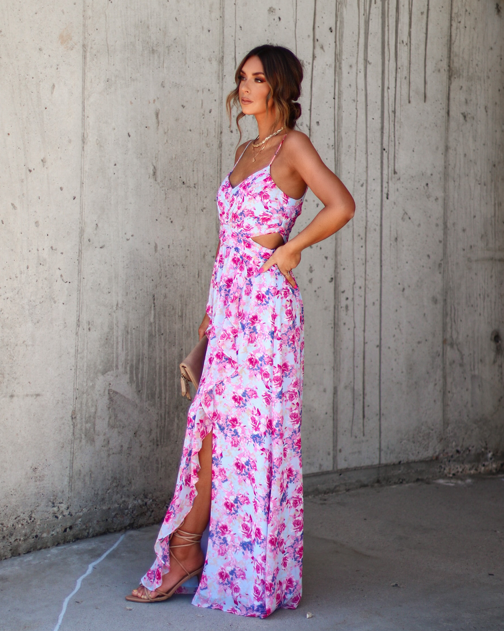 VICI - PREORDER // BESTSELLER Zabelle Floral Ruffle Cutout Maxi Dress $98  Sizes S - L Fall in love with our Zabelle Floral Ruffle Cutout Maxi Dress  and you will be summer's