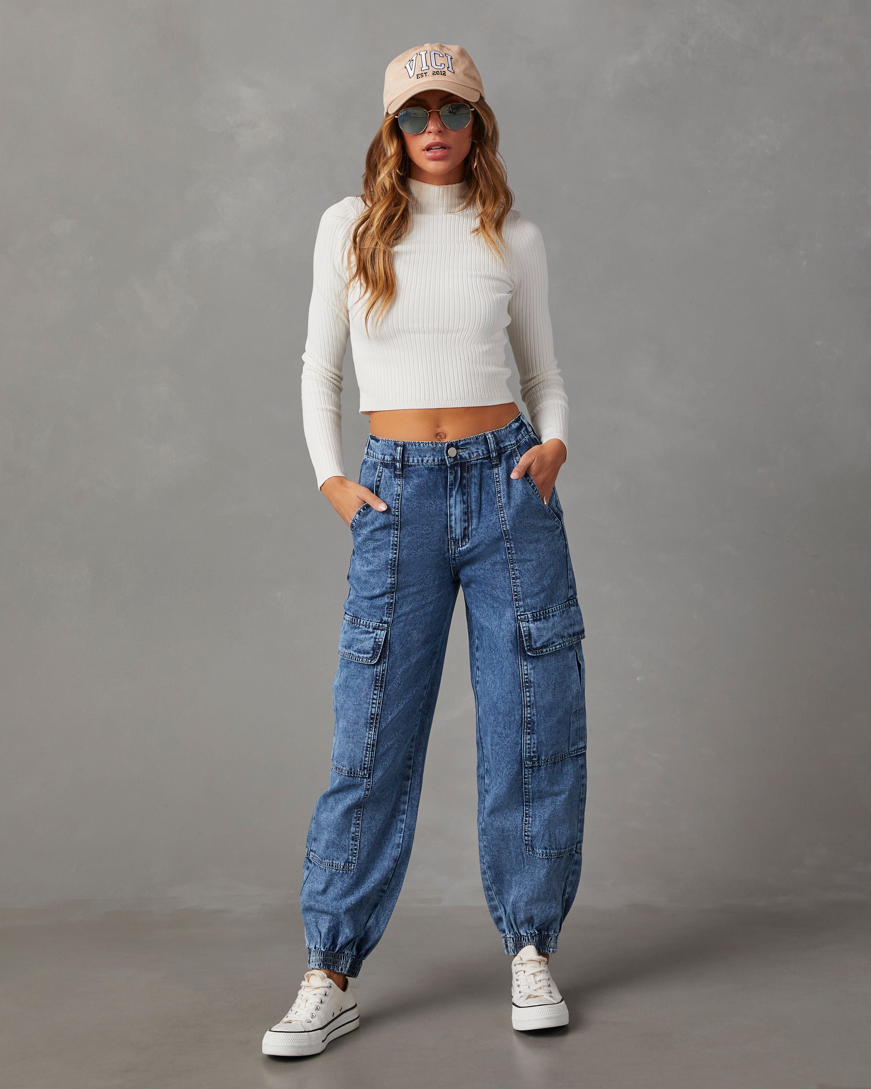 High waisted denim joggers fashion womens