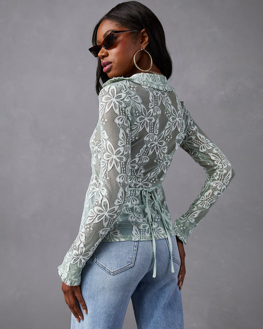 Lace Trim Long Sleeve Top Green