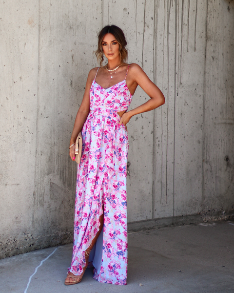 VICI - PREORDER // BESTSELLER Zabelle Floral Ruffle Cutout Maxi Dress $98  Sizes S - L Fall in love with our Zabelle Floral Ruffle Cutout Maxi Dress  and you will be summer's