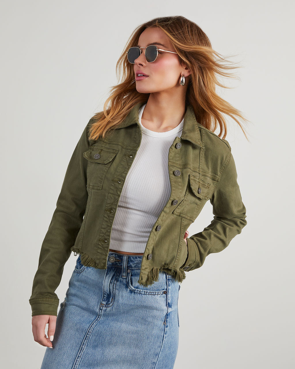 Marc Jacobs women's khaki green denim military jean jacket 6 button detail  | eBay