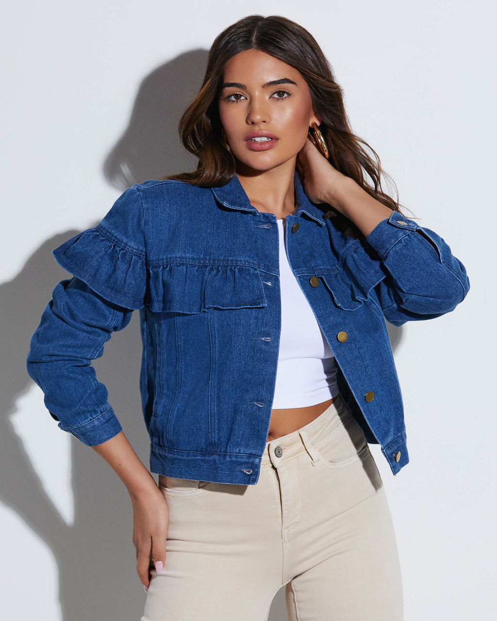 Ruffled denim jacket fashion