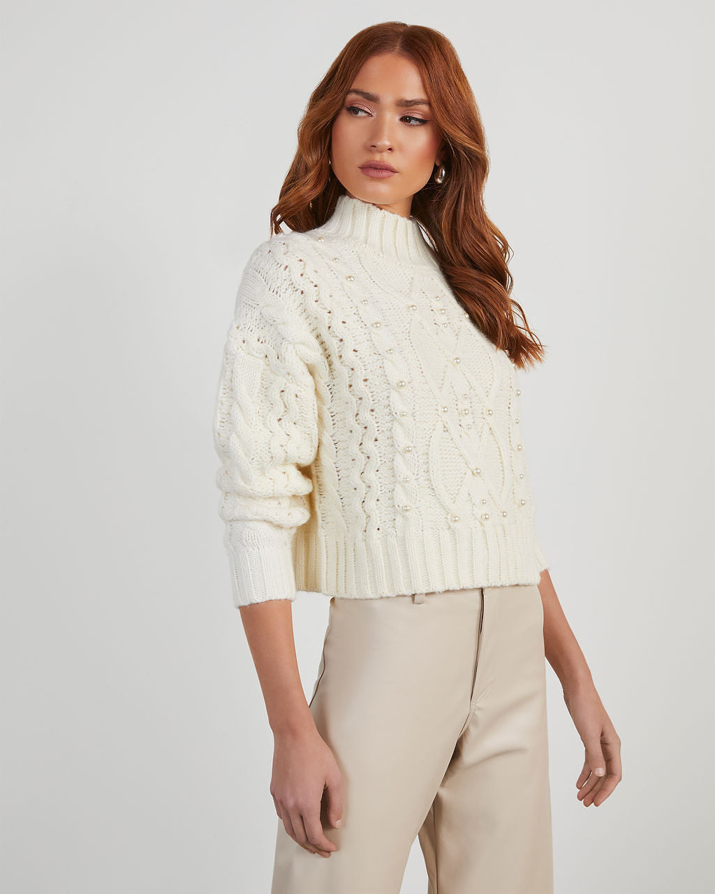 Shyanne Pearl Embellished Cable Knit Sweater – VICI