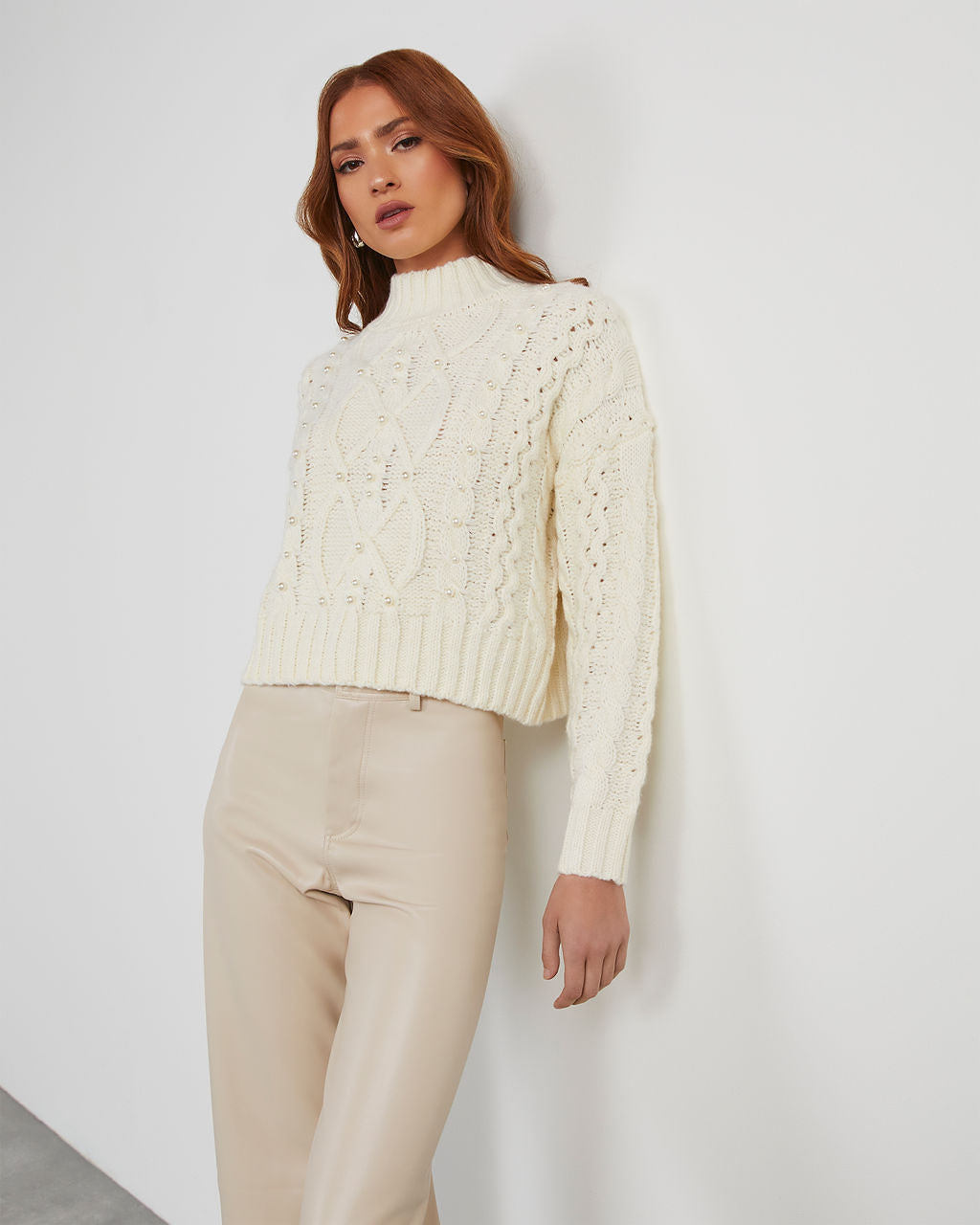 Shyanne Pearl Embellished Cable Knit Sweater – VICI