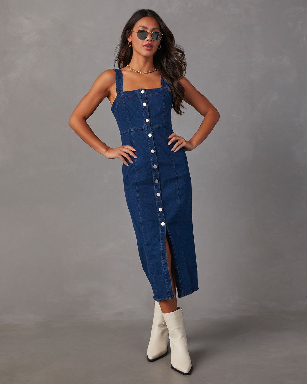 THE BODIE BUTTON UP MIDI DRESS IN DENIM