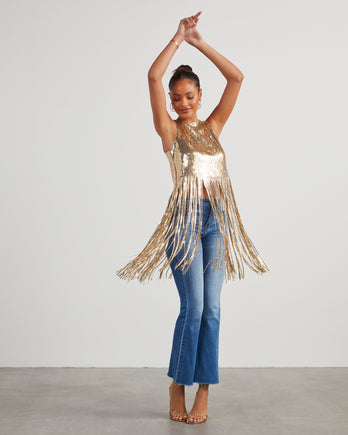 Dallas Glam Sequin Fringe Top Gold / S