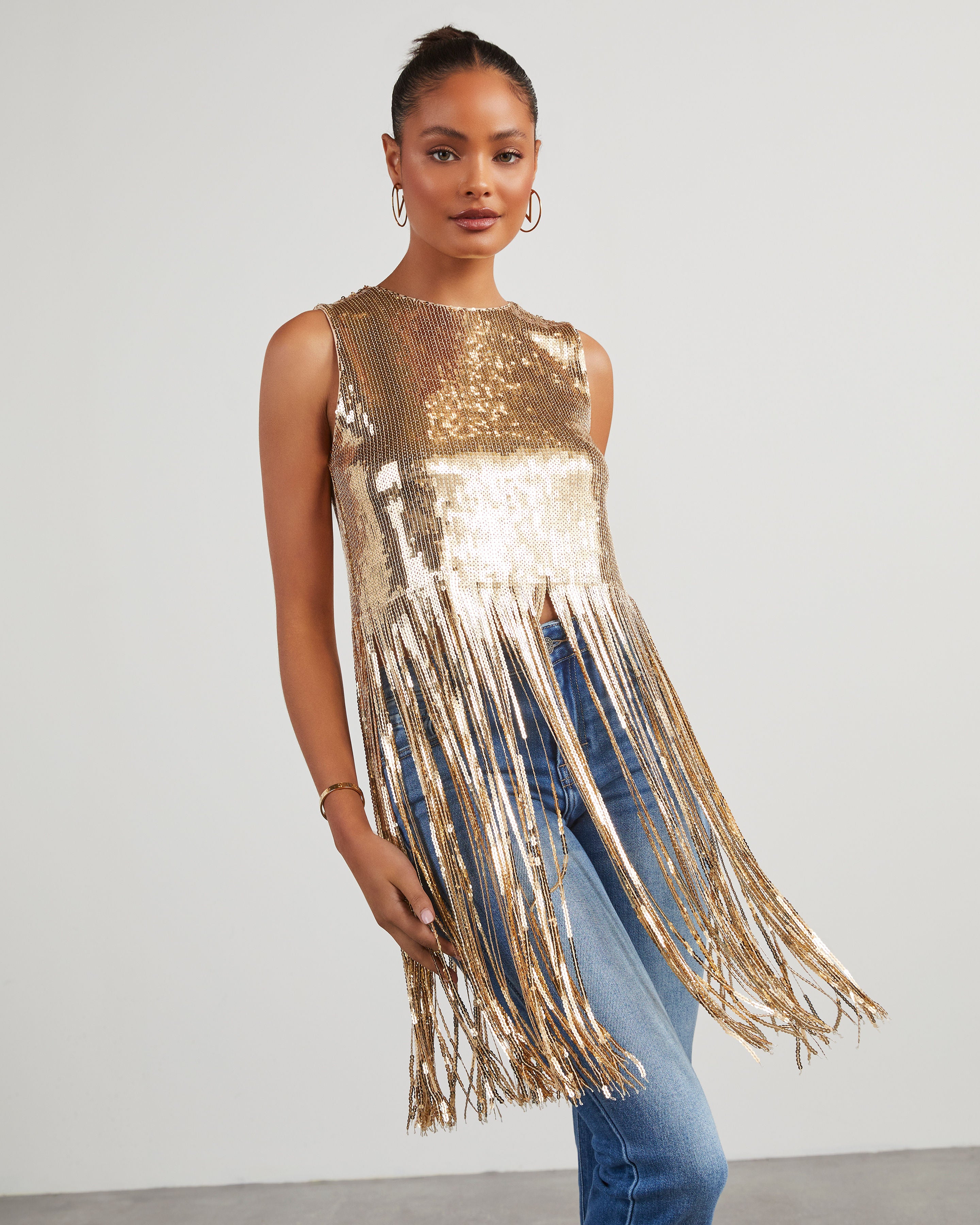 Dallas Glam Sequin Fringe Top Gold / S