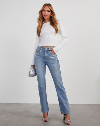 FEELING LIKE A STAR RHINESTONE WIDE LEG JEANS IN LIGHT BLUE DENIM