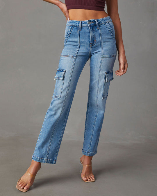 Plus Size High Rise Straight Leg Denim Cargo Jeans - Short Inseam