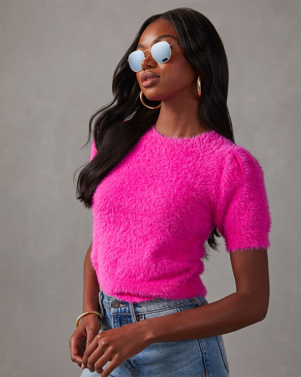 Fuzzy short sleeve sweater best sale