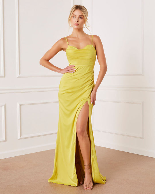 Vici Women's Serenella Satin Cowl Neck Front Slit Maxi Dress in Lime - Size Small