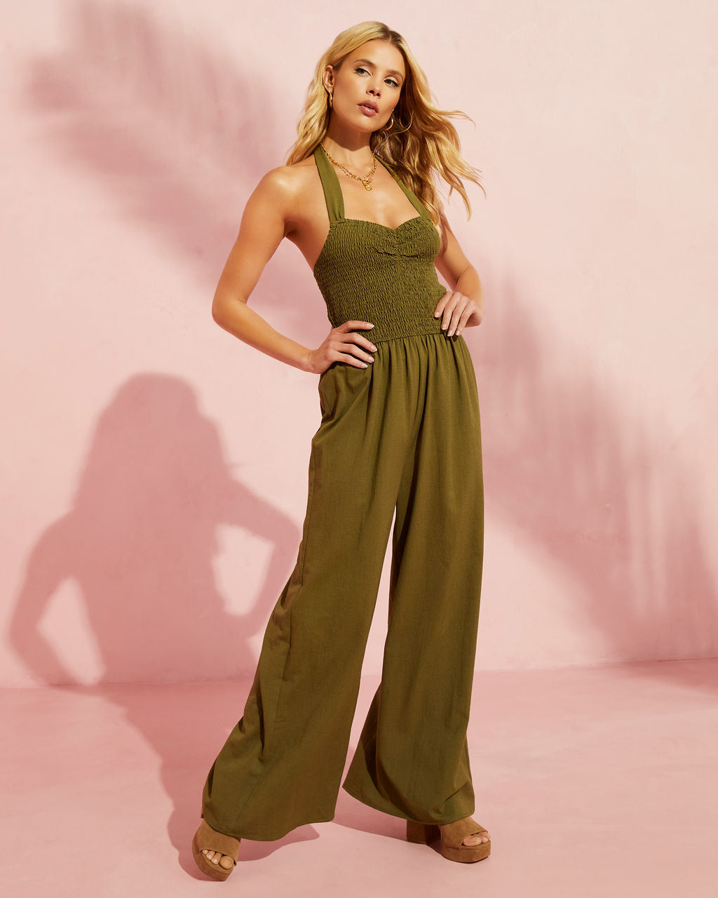 Catching Flights Halter Denim Flare Jumpsuit – VICI