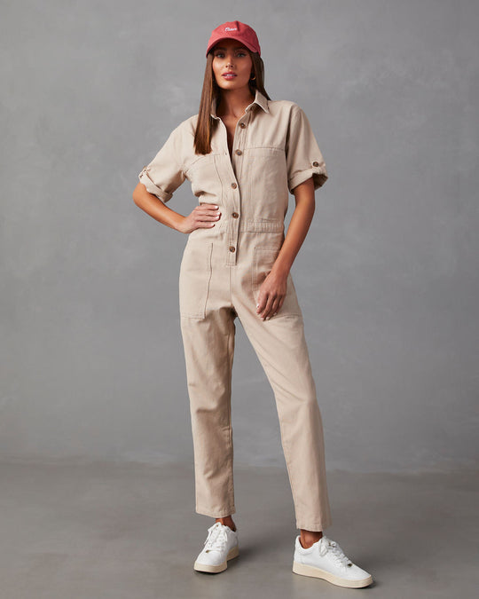 LINEN BLEND CARGO JUMPSUIT - Brown / Taupe