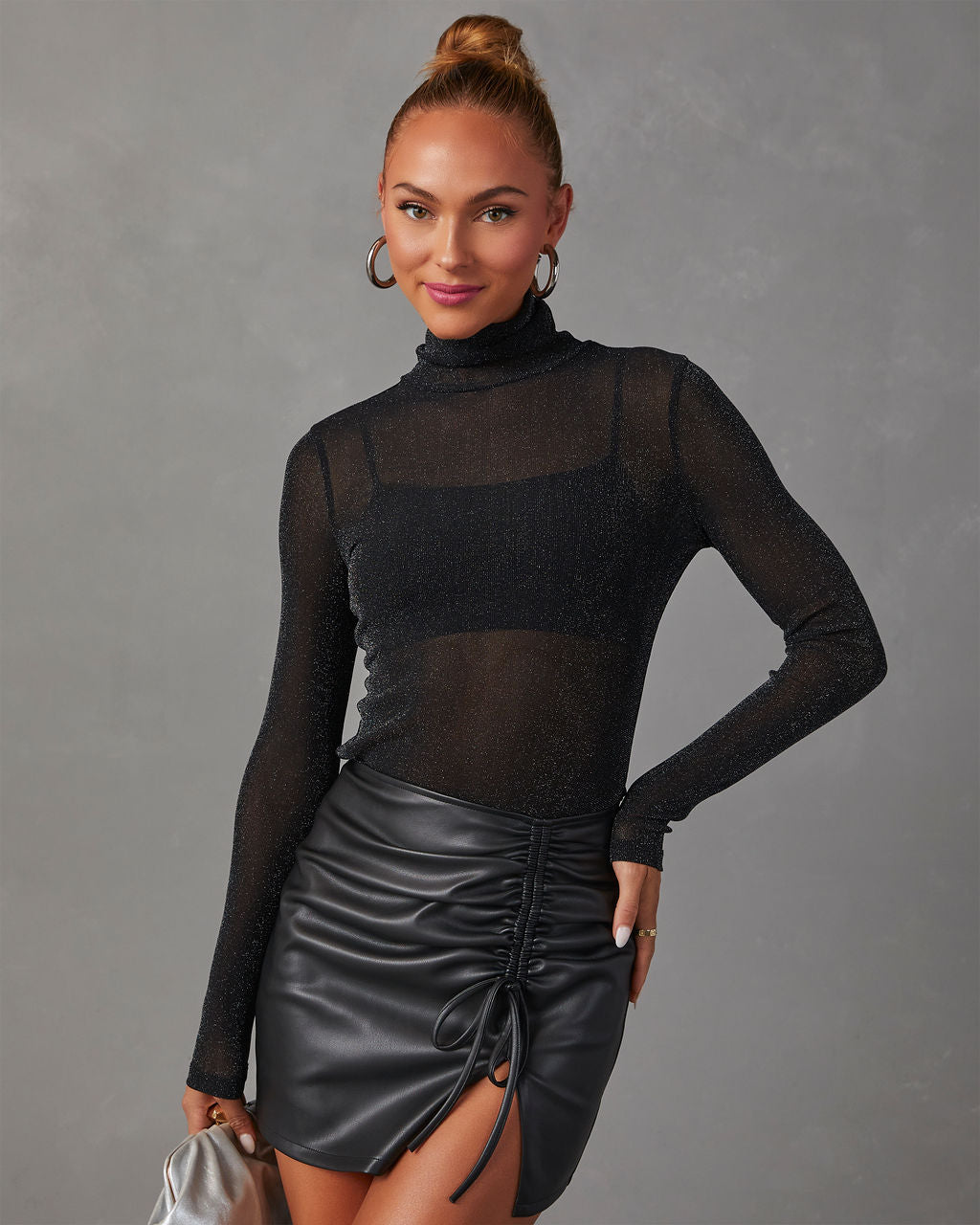 Black Mock Turtleneck Stretch Fitted Long Sleeve good Top