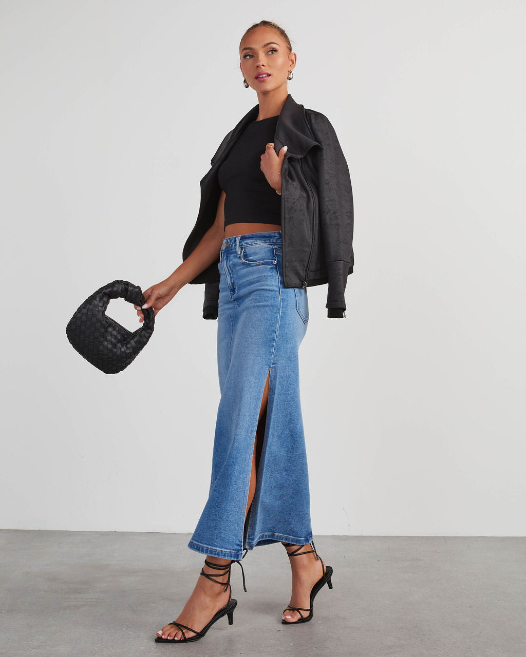 VICI Chic Side Slit Denim Midi Skirt