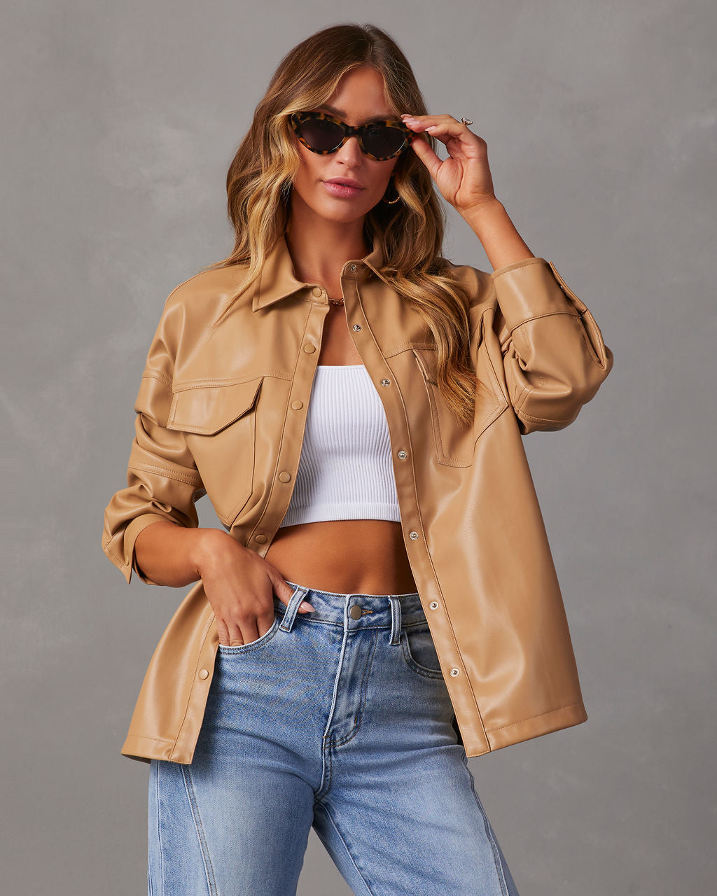 Faux-leather shacket outfit — Covet & Acquire